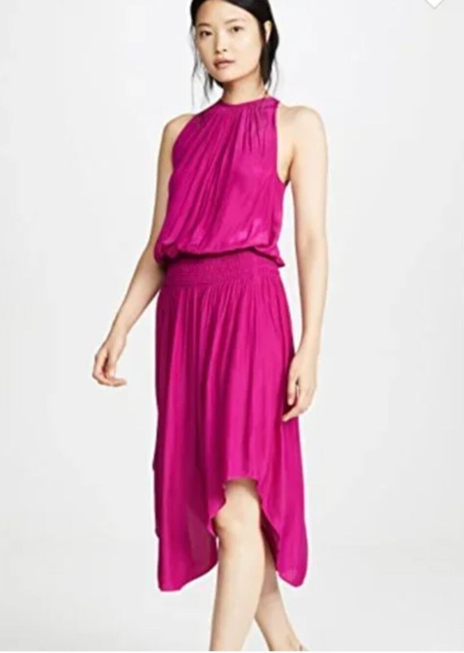 RAMY BROOK | Audrey High Neck Smocked Waist Midi Dress Magenta Pink | Size Large
